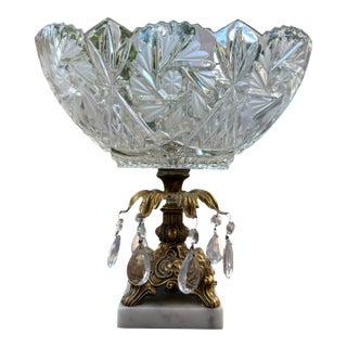 Vintage Hollywood Regency Cut Crystal Compote Bowl With Ornate Gilt Brass Pedestal, Hanging Crystal Prisms & Marble Base For Sale