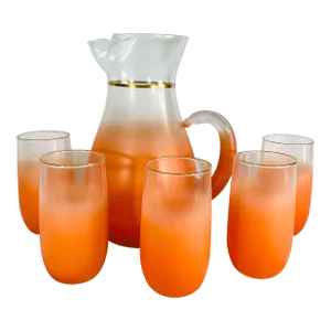 Vintage Blendo Orange Frosted Glass Pitcher and Tumblers Set- 6 Pieces