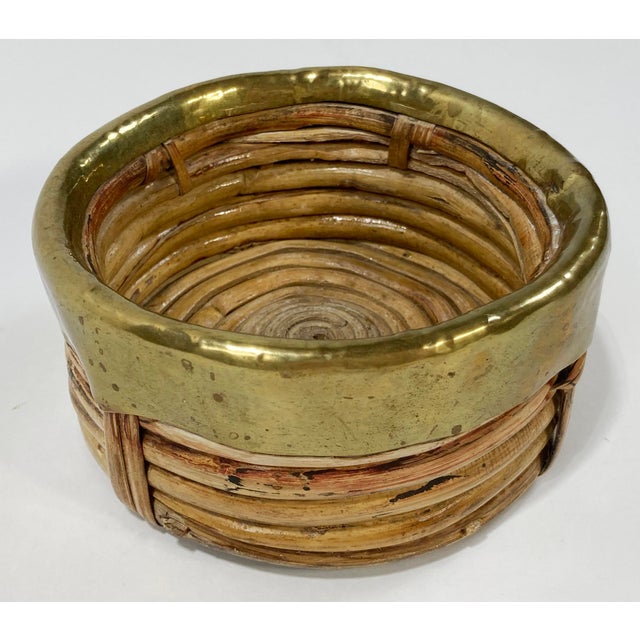 Mid 20th Century Vintage G. Crespi Style Coiled Rattan Brass Rim Wine Coaster For Sale - Image 5 of 7