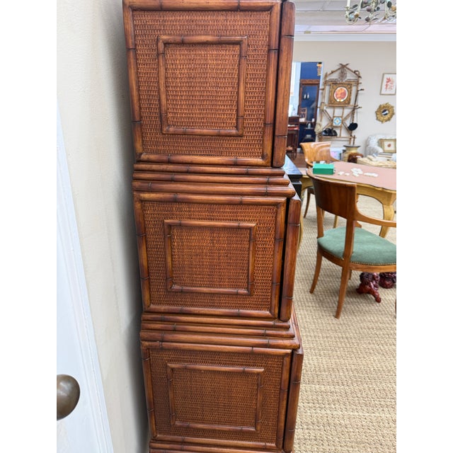 Brown British Colonial Style Woven Rattan and Faux Bamboo Cabinet That Converts to a Secretary, C 1970's For Sale - Image 8 of 11