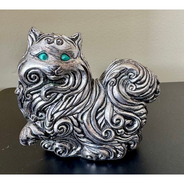 Solid pewter cat figurine from the Franklin Mint Curio Cabinet Collection. This sculptural piece features swirling Art...