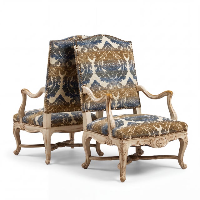 Wood Early French Louis XV Style Bergere Chairs Shell Apron Cerused Finish - Pair For Sale - Image 7 of 10