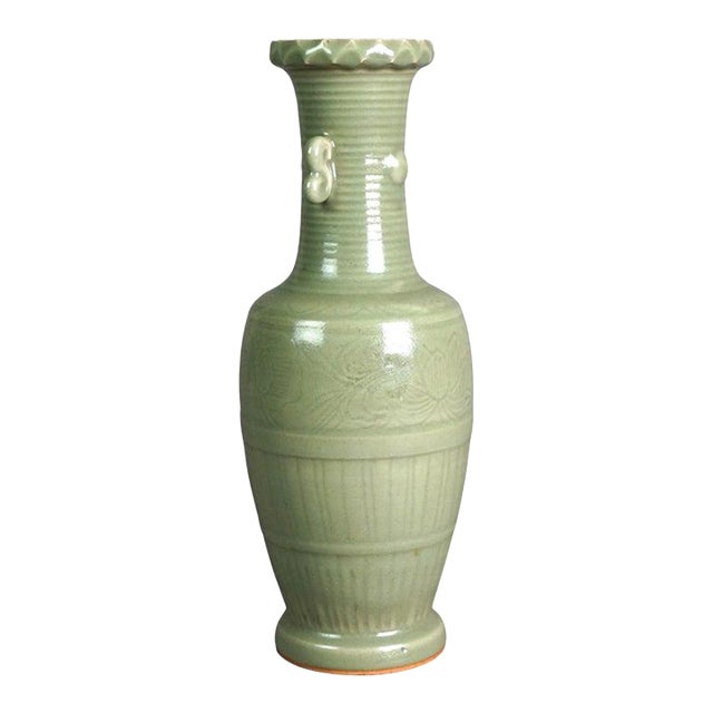 Antique Chinese Celadon Glazed Art Pottery Vase, C1930 For Sale