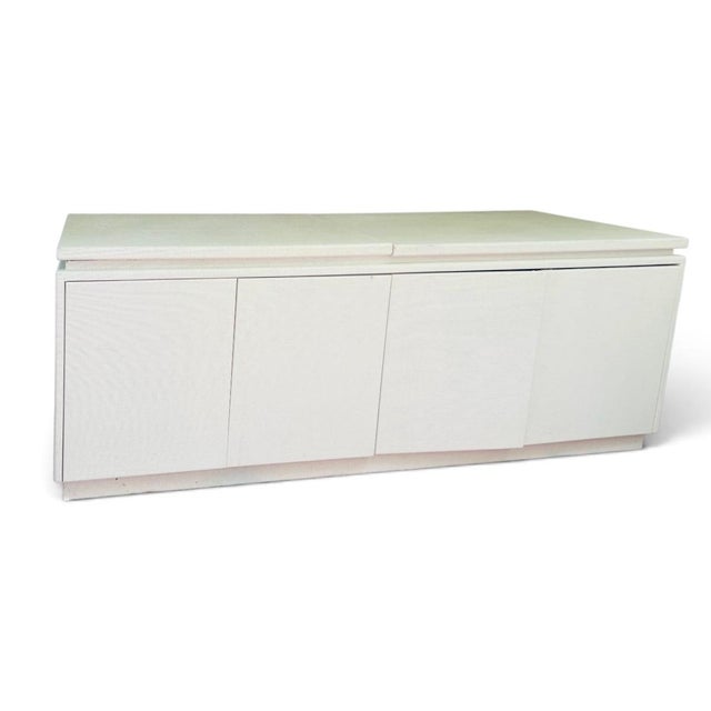 Late 20th Century Contemporary Painted Raffia Motorized Lift Bar Cabinet | Illuminated Entertaining Credenza | Hidden Cocktail Station For Sale - Image 4 of 15