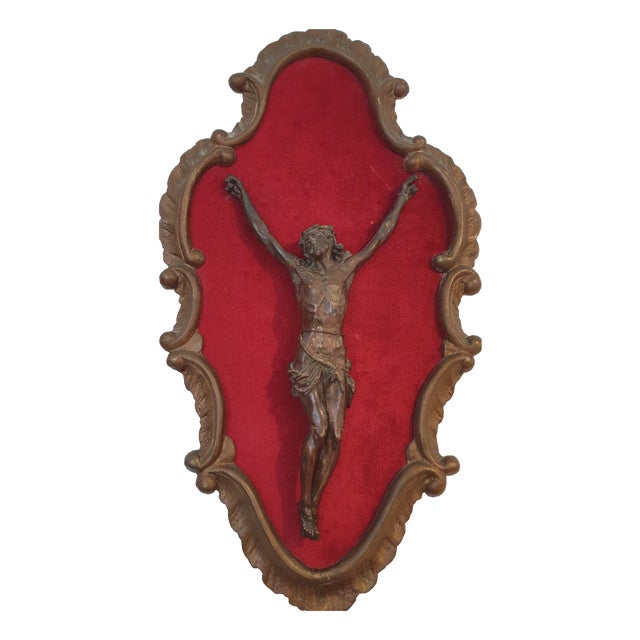 Clay Sculpture of the Crucified Christ Covered with Bronze Foil in Baroque Frame, Tuscany, 1895 For Sale