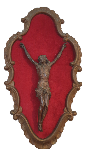 Clay Sculpture of the Crucified Christ Covered with Bronze Foil in Baroque Frame, Tuscany, 1895