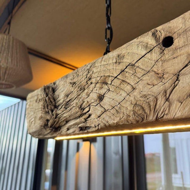 Not Yet Made - Made To Order Reclaimed Oak Beam Chandelier | Rustic Farmhouse Pendant Light, Integrated Led Fixture For Sale - Image 5 of 7