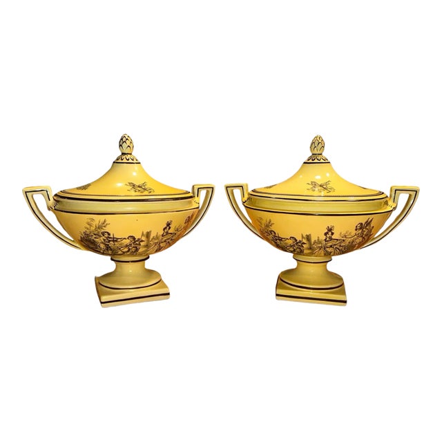 Pair of Vintage Mottahedeh Yellow and Black Creil Tureens For Sale