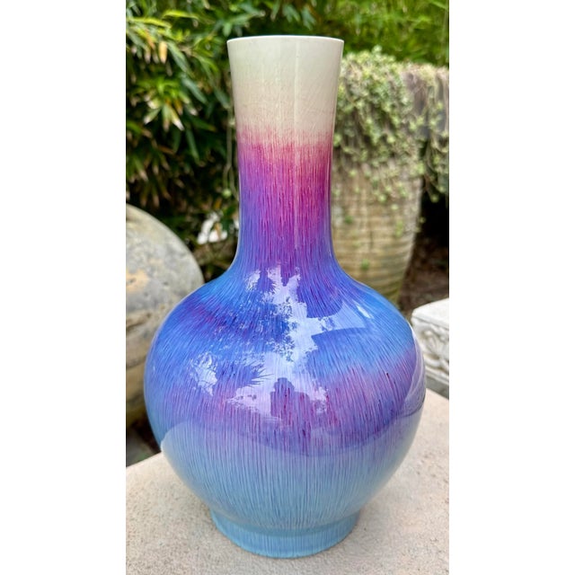 Magnificent Large Antique Chinese Vase features a stunning Flambe glaze in variegated shades of purple, pink & blue. A...