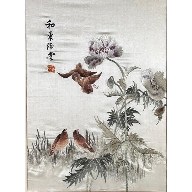 Chinoiserie Vintage Framed Chinese Silk Embroidery Panels Birds and Flowers Huaniao Art Pair For Sale - Image 3 of 11