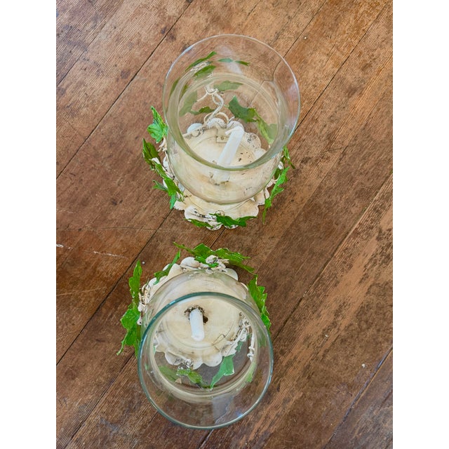 White Vintage Ivy Metal Tole Hurricane Candle Holders Pair For Sale - Image 8 of 14