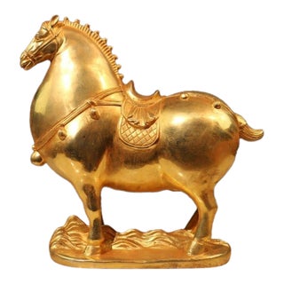 Vintage Gilt Bronze Horse Figure - Tang Style Saddle Sculpture For Sale