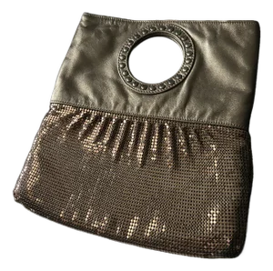 Vintage Whiting & Davis Metallic Mesh & Leather Foldover Clutch Purse – 1970s/1980s Convertible Evening Handbag With Ring Handle