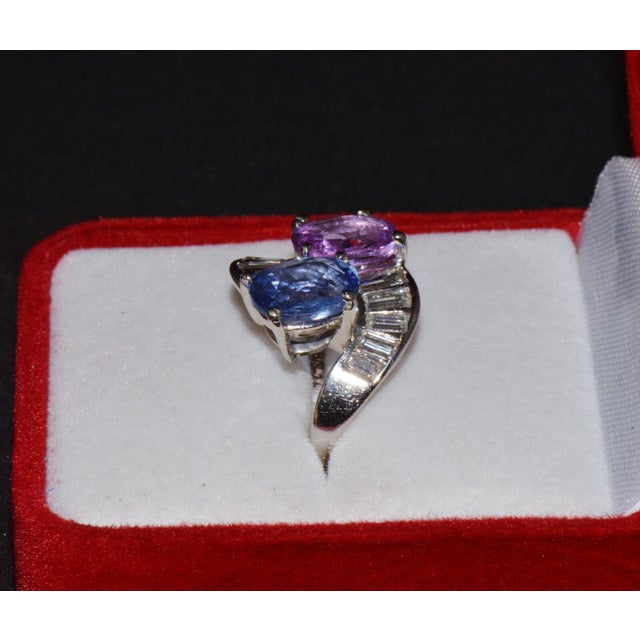 GIA Natural 6.24CTS VS F Diamond Blue And Pink Sapphire Platinum Bypass Ring Band, size 6.75 For Sale - Image 9 of 13