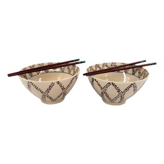 Asian Modern Bat Trang Vietnamese Pho Bowls or Ramen Noodle Bowls With Hand Painted Botanical Design - Set of 2 For Sale