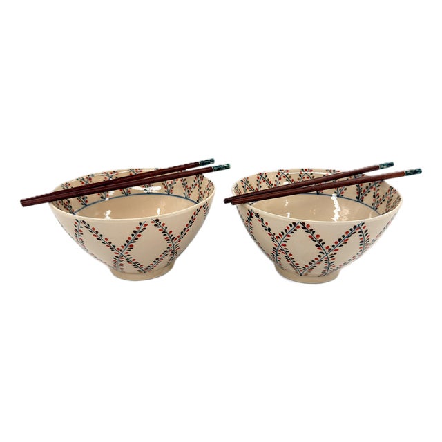 Asian Modern Bat Trang Vietnamese Pho Bowls or Ramen Noodle Bowls With Hand Painted Botanical Design - Set of 2 For Sale