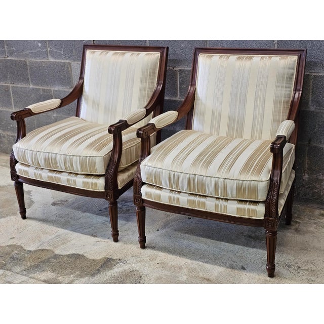 Pearson Pair of Pearson Louis XVI Style Carved Mahogany and Upholstered Fauteuils For Sale - Image 4 of 12