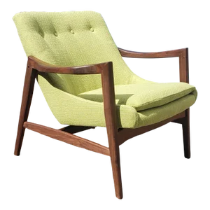 Mid-Century Modern Walnut Green Chenille Lounge Chair
