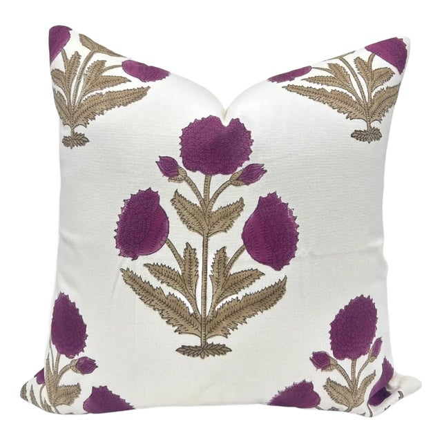 Fabdivine Thick Cotton White Handmade Block Print Floral Design Throw Pillow Cover 22x22inches - Badshah For Sale