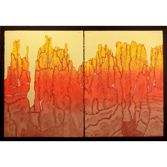 Unframed Diptych of 2 Limited Edition Collagraphs. Hand signed by the artist. Each Size: 30" x 22-1/4", Total Size: 30" x...