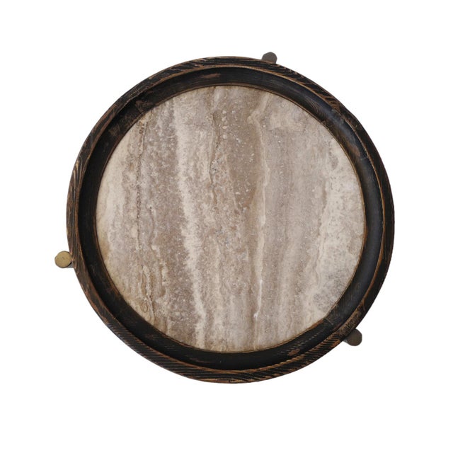 Salvaged pine wood frame tray top with black distressed painted finish and grey toned inset natural marble. Set on hand...