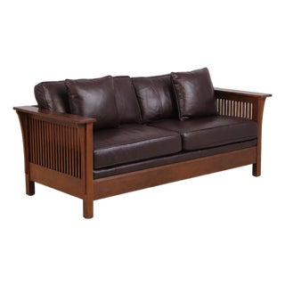 Stickley Mission Oak Burgundy Leather Sofa For Sale