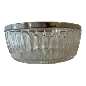 Vintage Large Diamond Cut Glass Bowl With Silver Rim