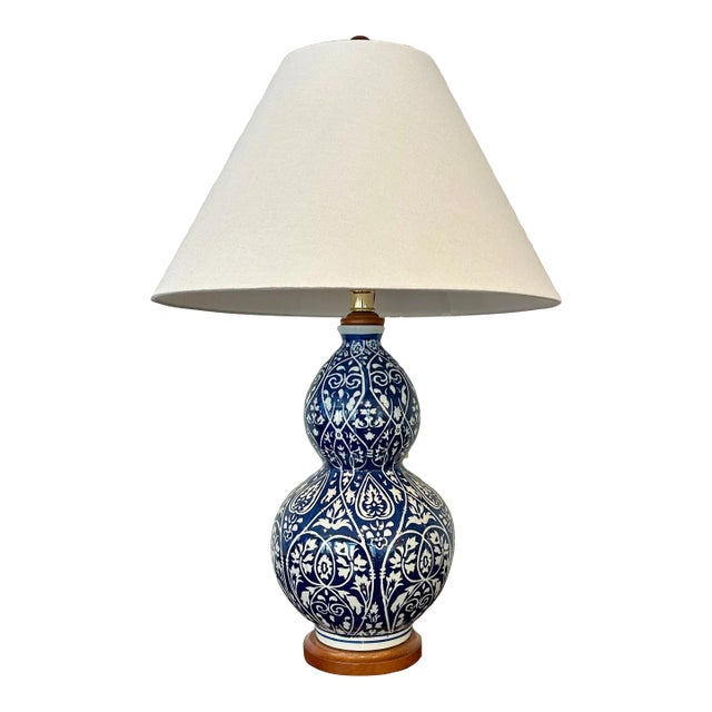Lauren Ralph Lauren Blue White Double Gourd Porcelain Lamp With Floral Motif, Pair Available For Sale