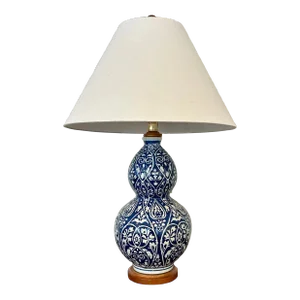 Lauren Ralph Lauren Blue White Double Gourd Porcelain Lamp With Floral Motif, Pair Available