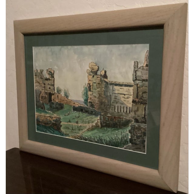 Realism Original Watercolor, Castle Ruins in Fuengirola, Spain, Ancient Fortress Signed by Artist, Wooden Frame With Green matting For Sale - Image 3 of 12