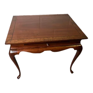 Mid 20th Century Vintage Queen Anna Solid Cherry Inlaid Burlwood Side Tea Table.