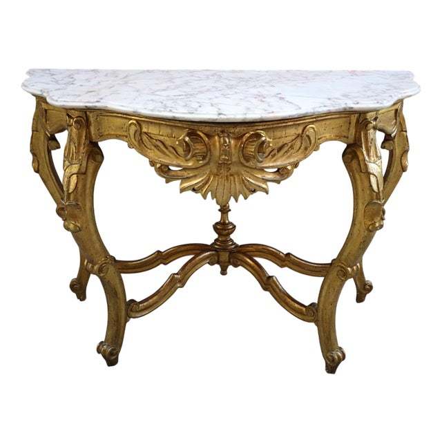 Gilded and Carved Console with White Marble Top For Sale