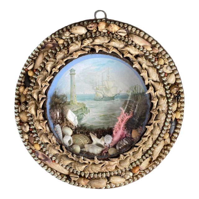 Edwardian Shellwork Valentine Diorama of a Lighthouse With Ship For Sale