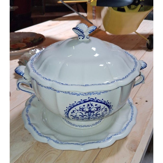 Ceramic Covered Tureen and Stand in White Earthenware with Blue Decoration from Gien, 1920s For Sale - Image 7 of 8