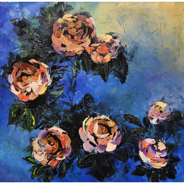 Oil on board, 26" x 26", by Yulias. This vibrant still life depicts a bouquet of roses in varying stages of bloom against...