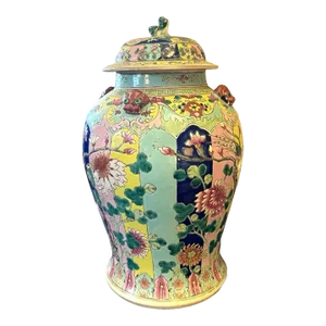 Vintage Chinese Export Porcelain Hand Painted Covered Baluster Jar With Foo Dog Lid