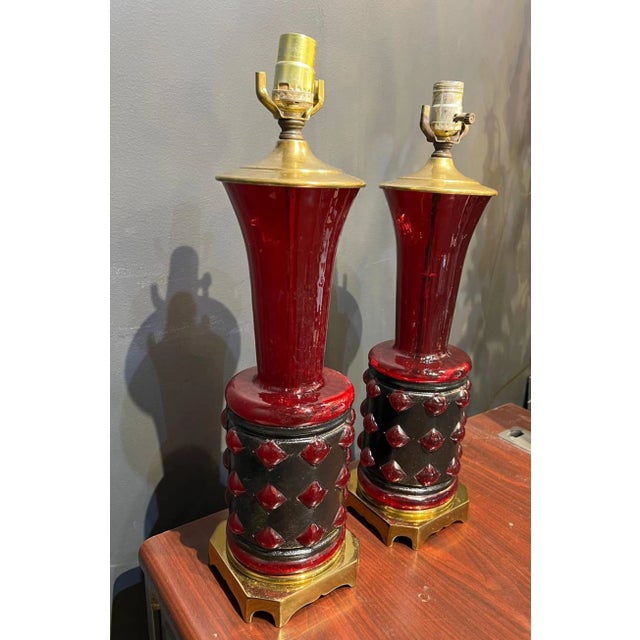 1920s 1920's Italian Blown Red Glass Table Lamps - a Pair For Sale - Image 5 of 6