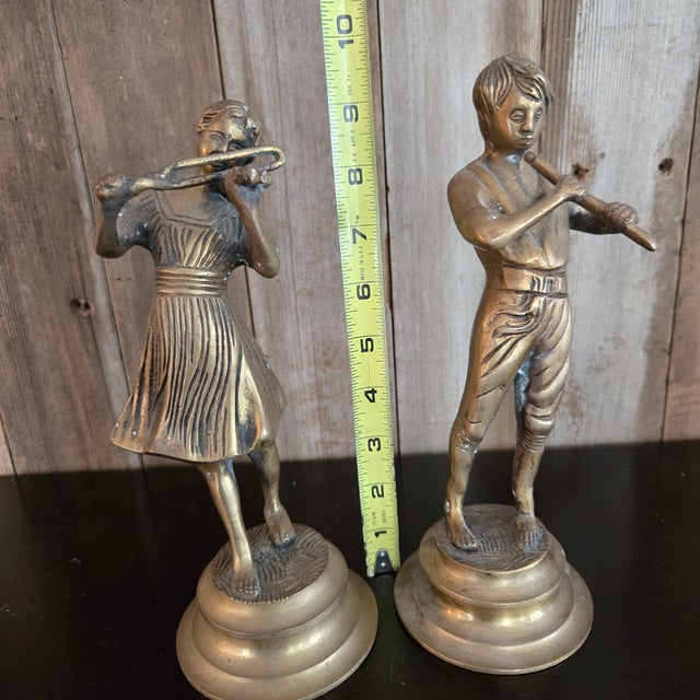 Cast Brass Bronze Musicians Playing Violin / Flute Pair Vintage Patina For Sale - Image 9 of 12