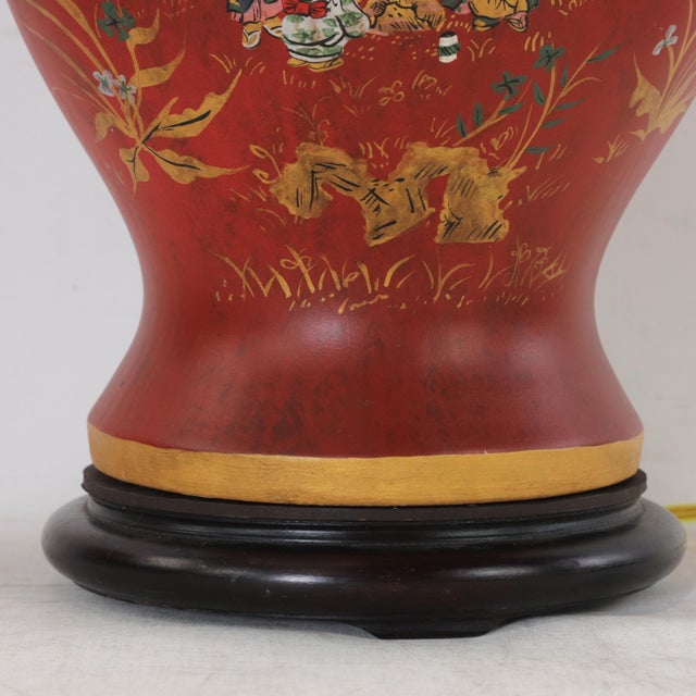 Maroon Pair of Vintage Hand Painted Chinoiserie Red Ginger Jar Table Lamps With Figural Narrative For Sale - Image 8 of 13