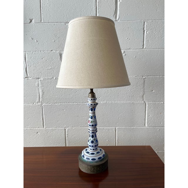 Early 20th Century Bohemian Blue Glass Table Lamp With White Overlay, Early 20th Century For Sale - Image 5 of 5