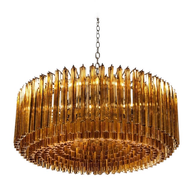 Italian Pendant Light with 393 Trihedral Pendants in Amber Glass from Justfurnituress SRL For Sale