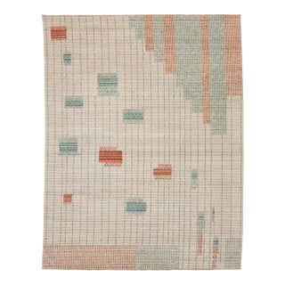 Modern Hand Loom Beige Wool Rug With Geometric Design For Sale