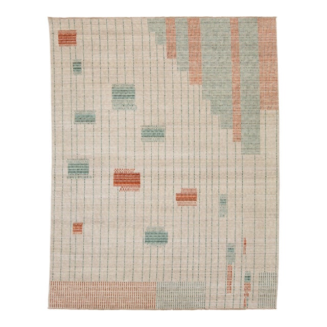 Modern Hand Loom Beige Wool Rug With Geometric Design For Sale