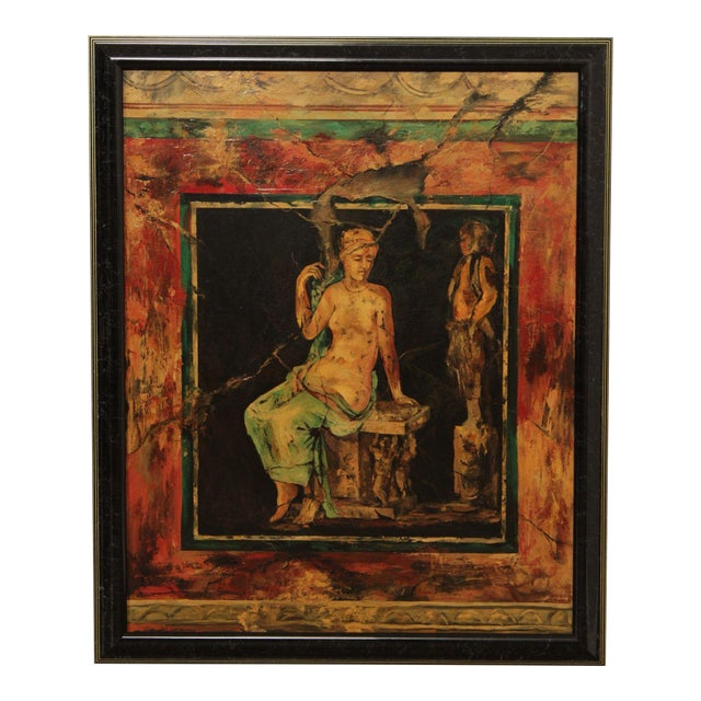 Mid 20th Century Roman Fresco Oil Painting Signed 'Fabriano' with Black Frame For Sale