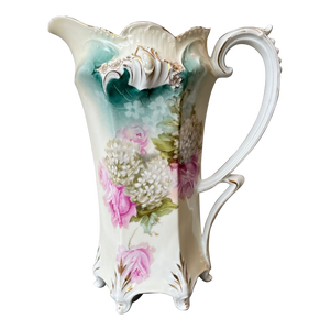 Early 1900s Antique Rs Prussian Hand Painted Roses Hydrangeas Tankard Pitcher