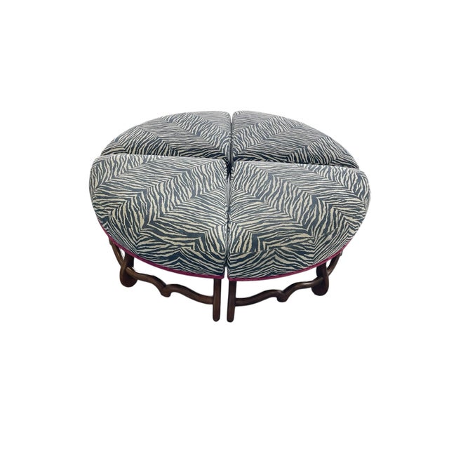 Boho Chic Custom Round Four Piece Ottoman Set, Blue Zebra Print For Sale - Image 3 of 12