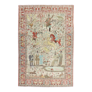 Early 20th Century Persian Tabriz Hunting Animal Pictorial Scatter Rug