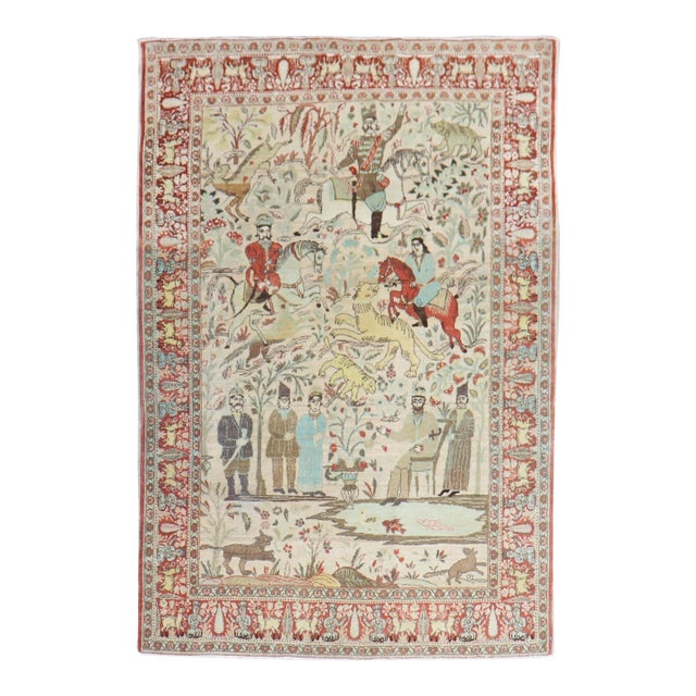Early 20th Century Persian Tabriz Hunting Animal Pictorial Scatter Rug - 4'6" x 6' For Sale