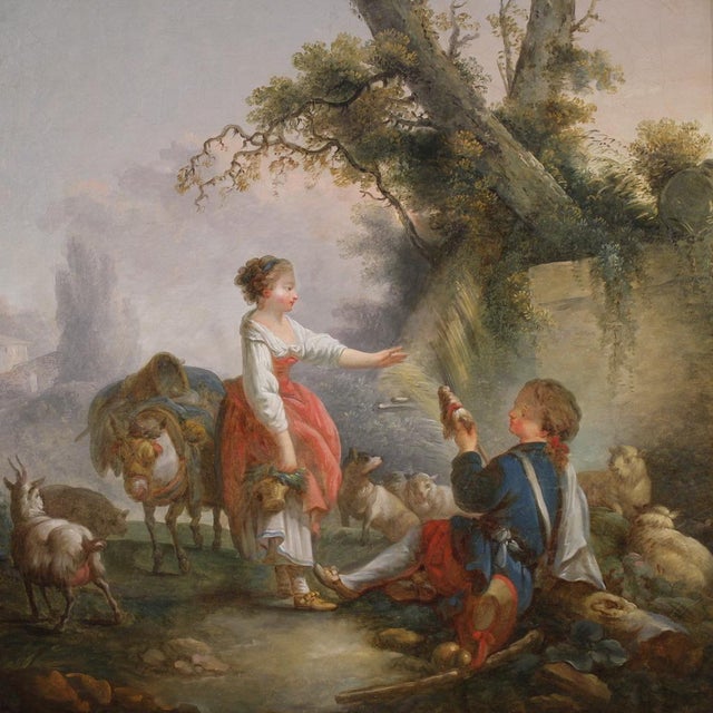 French school painting, second half of the 18th century. Oil on canvas artwork depicting a highly refined pastoral scene....