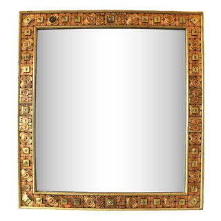 Large Square Mirror with Wooden Frame and Brass Trim, Italy, 1960s For Sale